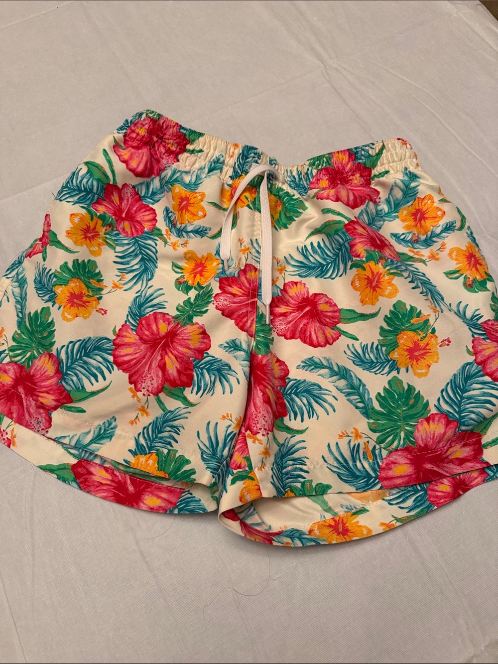 chubbies Cream Floral Swim Trunks with Pink & Yellow Hibiscus